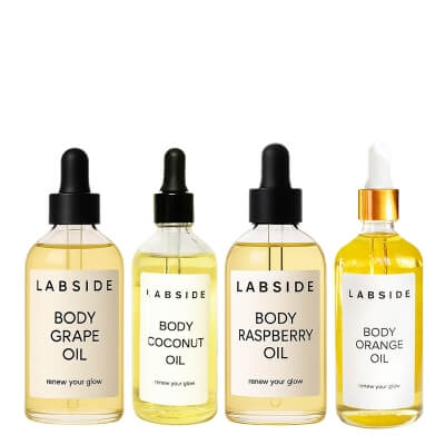 Labside Body Oil Set ZESTAW Olejek czerwone winogrona 120 ml + Olejek kremowo-mleczny kokos 120 ml + Olejek letnie maliny 120 ml + Olejek pomarańcza 120 ml