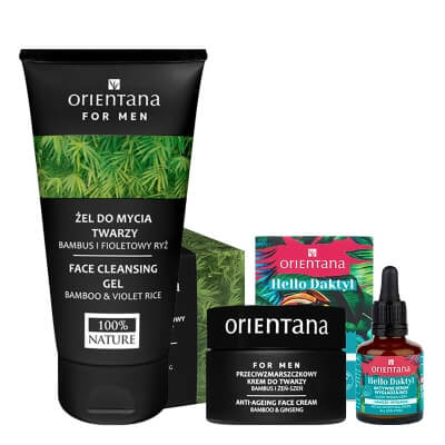 Orientana Complete Anti-Age Routine For Men ZESTAW Przeciwzmarszczkowy krem do twarzy dla mężczyzn - bambus i żeń szeń 50 g + Żel do mycia twarzy - bambus i fioletowy ryż 150 ml + Akty