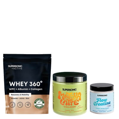 Supersonic WHEY 360° + Flow Creatine + Matcha Latte Collagen Marakuja ZESTAW Odżywka białkowa biała czekolada z malinami 500 g + Kreatyna liposomalna z żeń-szeniem (mango-marakuja) 150 g + Matcha latte 280 g