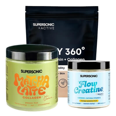 Supersonic WHEY 360° + Flow Creatine + Matcha Latte Collagen Marakuja ZESTAW Odżywka białkowa biała czekolada z malinami 500 g + Kreatyna liposomalna z żeń-szeniem (mango-marakuja) 150 g + Matcha latte 280 g