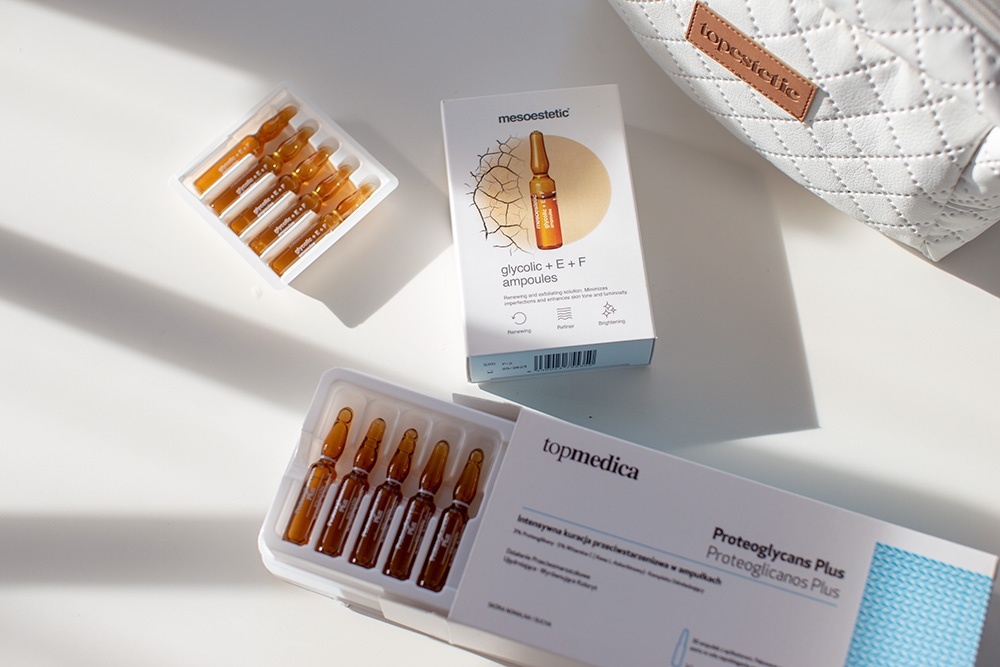 topmedica Proteoglycans Plus Proteoglicanos Plus 30 x 2 mlMesoestetic Glycolic + E + F Ampoules Redukuje niedoskonałości, rozświetla i ujednolica koloryt skóry 10x2 ml