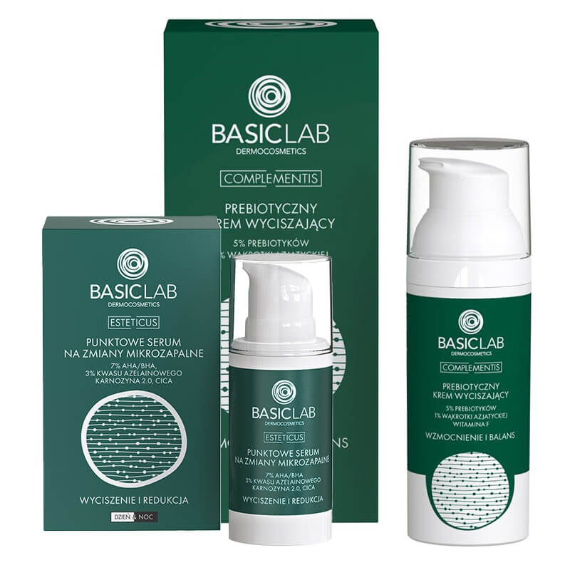 BasicLab Wyciszenie Redukcja + Wzmocnienie Balans ZESTAW Punktowe serum na zmiany mikrozapalne 15 ml + Prebiotyczny krem wyciszający 50 ml