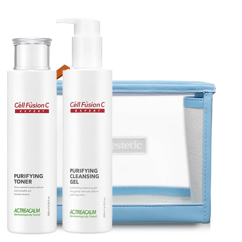 Cell Fusion C Expert Purifying Toner + Purifying Cleansing Gel ZESTAW Silnie nawilżający tonik do skóry tłustej i odwodnionej 200 ml + Odświeżający żel oczyszczający 200 ml + Kosmetyczka 1 szt