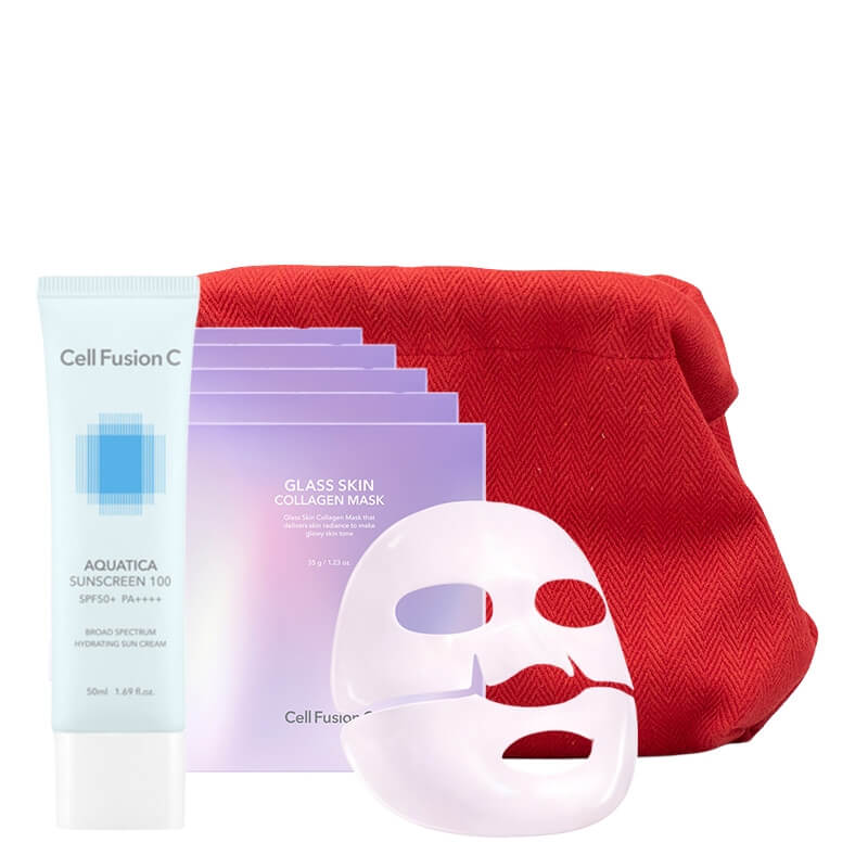 Cell Fusion C Glass Skin Collagen Mask + Aquatica Sunscreen 100 SPF 50+ / PA ++++ ZESTAW Wygładzająca maska hydrożelowa 5 x 35 g + Wyciszający i nawilżający krem z fotoprotekcją 50 ml + Kosmetyczka 1 szt