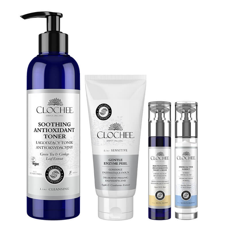 Clochee All Day Routine ZESTAW Peeling enzymatyczny 100 ml + Tonik 250 ml + Hydroaktywny sorbet 50 ml + Krem na noc 50 ml
