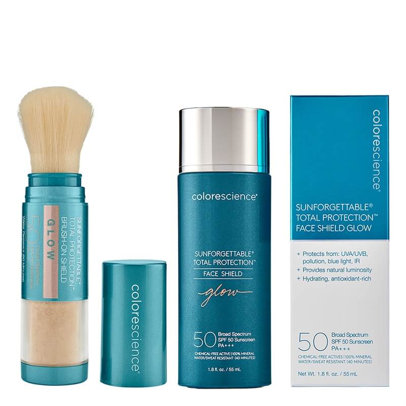Colorescience GlowShield Duo ZESTAW Minerały w emulsji do twarzy (kolor Glow) 55 ml + Puder ochronny w pędzlu (kolor Glow) 4,3 g