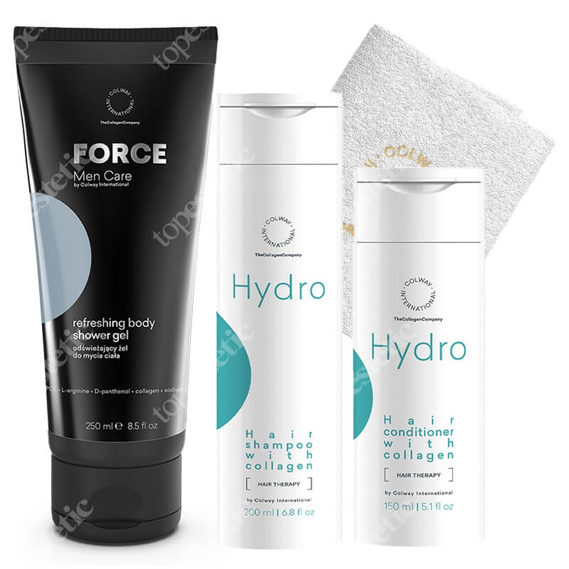 Colway International Men Care Set ZESTAW Szampon do włosów z kolagenem 200 ml + Odżywka do włosów z kolagenem 150 ml + Żel do mycia ciała 250 ml + Mały ręcznik 1 szt.