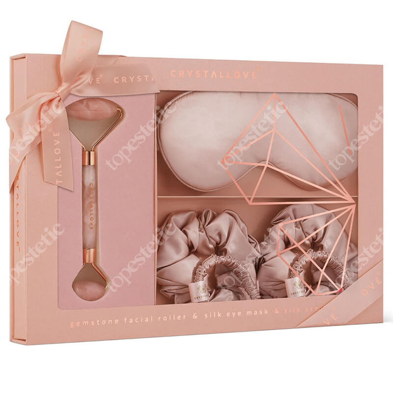 Crystallove Rose Quartz Home Spa Set ZESTAW Masażer do twarzy z kwarcu różowego 1 szt + Opaska z jedwabiu 1 szt + Gumka do włosów z jedwabiu 4 szt