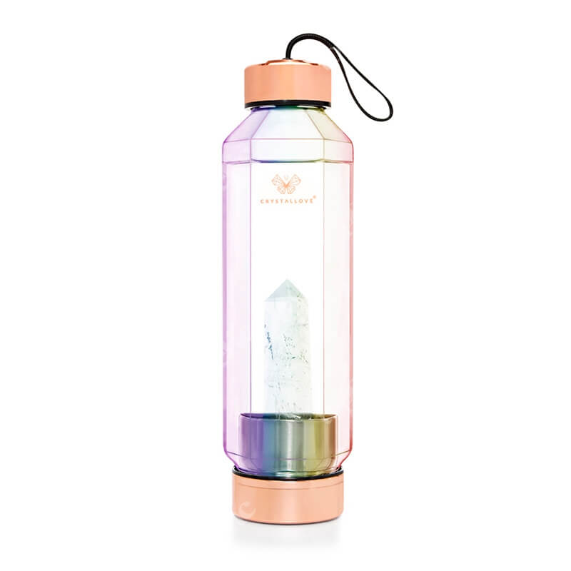 Crystallove Szklana Butelka na Wodę z Kryształem Górskim HEXAGON Hologram 650 ml