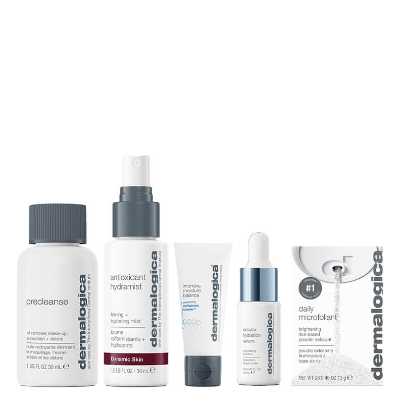 Dermalogica Travel Set ZESTAW Olejek 30 ml + Puder ryżowy 13 g + Antyoksydacyjna mgiełka 30 ml + Serum nawilżające 10 ml + Krem odżywczy 15 ml
