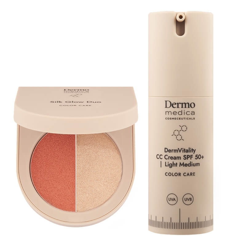 Dermomedica DermVitality CC Cream SPF 50 + Silk Glow Duo ZESTAW Koloryzujący krem korygujący z bardzo wysoką ochroną UVA/UVB (kolor light medium) 30 ml + Paletka do makijażu 5,5 g