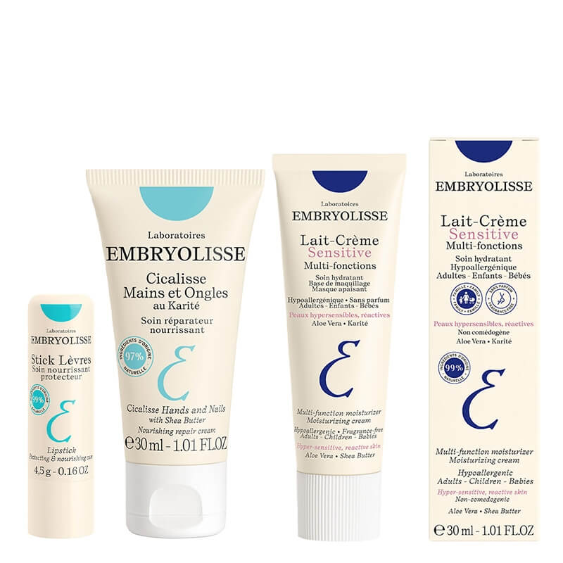 Embryolisse Must-Haves for Your Bag ZESTAW Odżywczy krem do rąk i paznokci 30 ml + Krem odżywczo-nawilżający do skóry wrażliwej 30 ml + Regenerujący balsam do ust 4 g