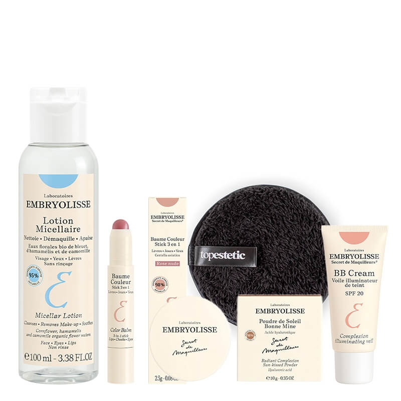 Embryolisse Natural Daily Make Up ZESTAW Płyn micelarny 100 ml + Puder rozświetlająco-brązujący 10 g + Sztyft Koloryzujący 3 w 1 2,5 g + BB krem 30 ml + gąbka 1 szt.