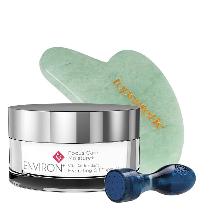 Environ Cosmetic Focus-CIT + Hydrating Oil Capsules + Gua Sha ZESTAW Stempelek do mikronakłuwania 0,1 mm + Intensywne kapsułki anti-aging z retinolem 30 szt. + Gua sha jadeit 1 szt