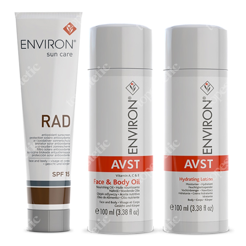 Environ Pakiet 6 - Zniszczenia posłoneczne ZESTAW Krem RAD, Lotion nawilżający AVST, Olejek z wit. A, C &amp; E AVST