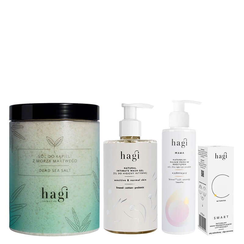 Hagi Body and Face Set ZESTAW Żel do higieny intymnej 300 ml + Sól do kąpieli 1200 g + Balsam przeciw rozstępom 200 ml + Krem z wit. C 50 ml