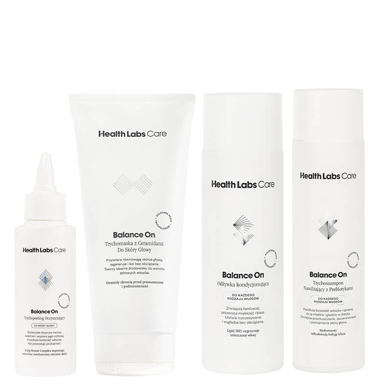 Health Labs Care Balance On Hair Set ZESTAW Trychopeeling 100 ml + Trychoszampon 250 ml + Odżywka 200 ml + Maska 200 ml