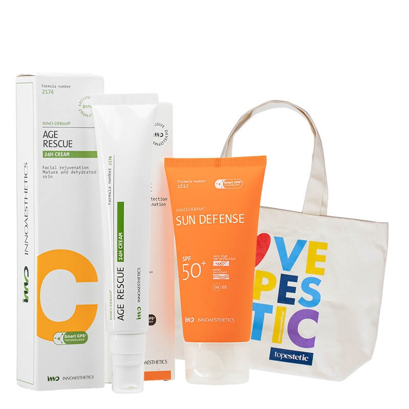 Innoaesthetics Sun Defense SPF 50+ + Age Rescue 24H Cream + Torba Plażowa ZESTAW Krem przeciwsłoneczny 60 g + Wygładzający krem na noc z retinolem i witaminą C 50 g + Torba 1 szt