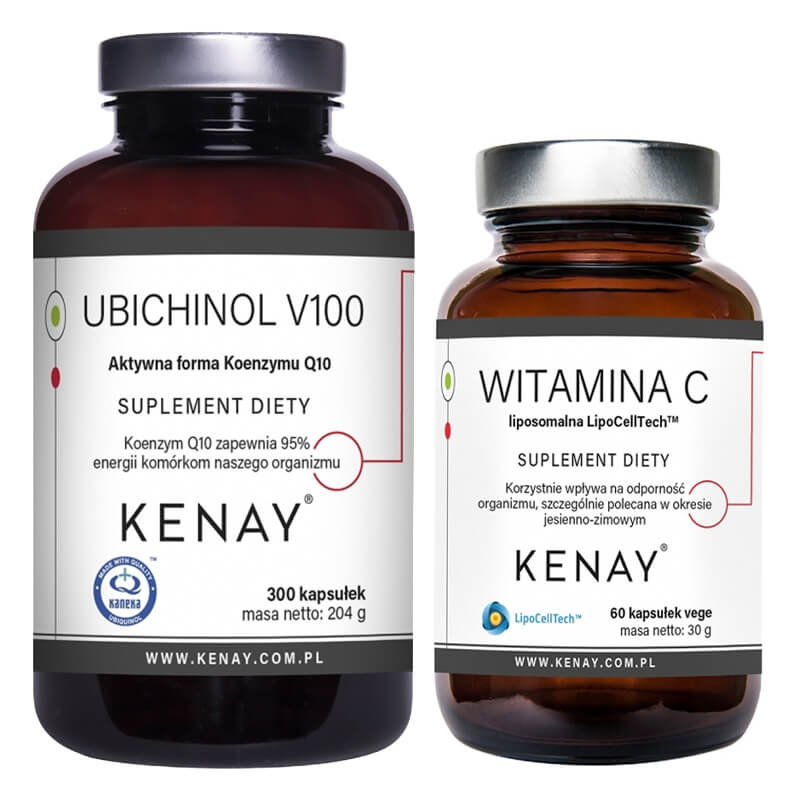 Kenay Wsparcie Serca, Odporności i Metabolizmu Energetycznego ZESTAW Aktywna forma Koenzymu Q10 300 kapsułek + Witamina C 60 kapsułek