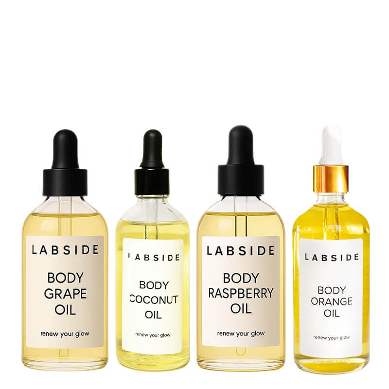 Labside Body Oil Set ZESTAW Olejek czerwone winogrona 120 ml + Olejek kremowo-mleczny kokos 120 ml + Olejek letnie maliny 120 ml + Olejek pomarańcza 120 ml