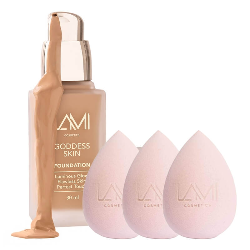 Lami Cosmetics Goddess Skin Radiant Skin Foundation + Makeup Blender Sponge x 3 ZESTAW Podkład rozświetlający z efektem glow (kolor Medium Tan) 30 ml + Gąbka do makijażu 1 szt x 3