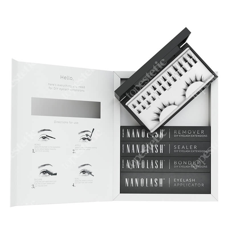 Nanolash Starter Kit Flirty ZESTAW Sztuczne rzęsy 36 kępek + Preparat utrwalający 5 ml + Preparat zabezpieczający 5 ml + Preparat do zdejmowania 5 ml + Aplikator 1 szt