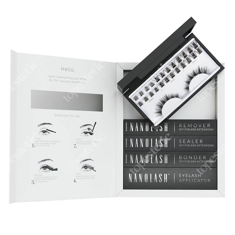 Nanolash Starter Kit Harmony ZESTAW Sztuczne rzęsy 36 kępek + Preparat utrwalający 5 ml + Preparat zabezpieczający 5 ml + Preparat do zdejmowania 5 ml + Aplikator 1 szt