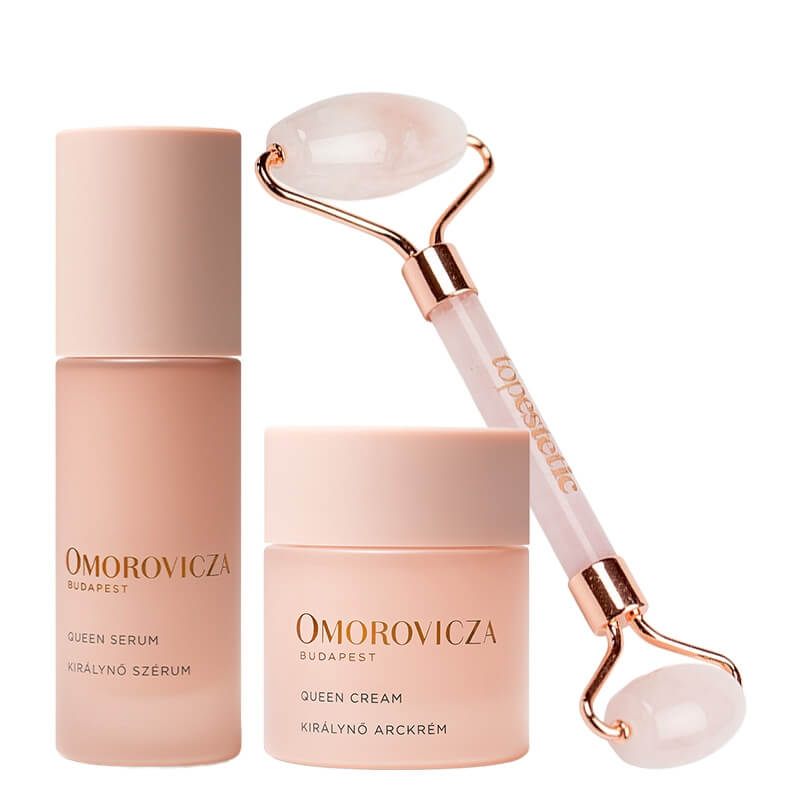 Omorovicza Pink Queen Set ZESTAW Rewitalizujący krem nawilżający o bogatej konsystencji 30 ml + Odmładzające serum do twarzy 30 ml + Roller z różowego kwarcu 1 szt