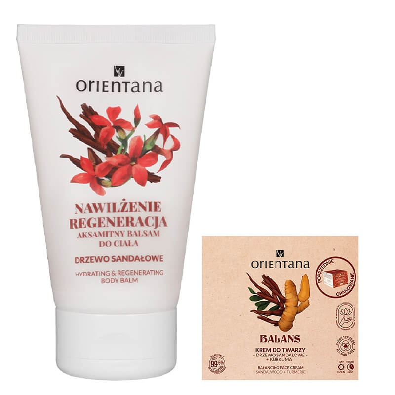 Orientana Face and Body ZESTAW Balsam do ciała, który natychmiast przynosi ulgę przesuszonej i podrażnionej skórze 125 ml + Krem do twarzy - Drzewo sandałowe i kurku