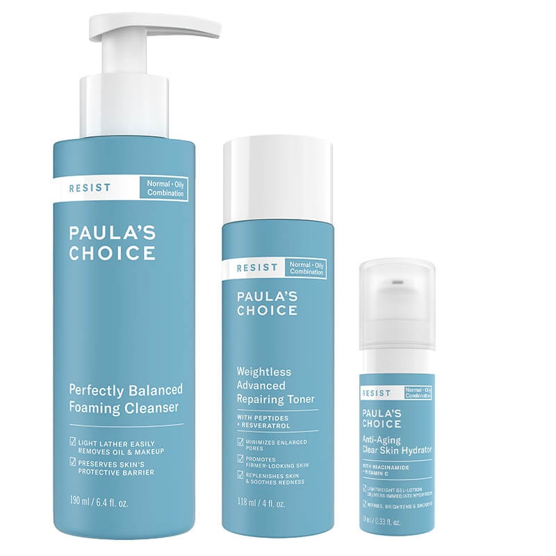 Paulas Choice Oily and Combination Skin Care ZESTAW Krem nawilżający na noc 10 ml + Tonik normalizujący 118 ml + Pianka oczyszczająca 190 ml