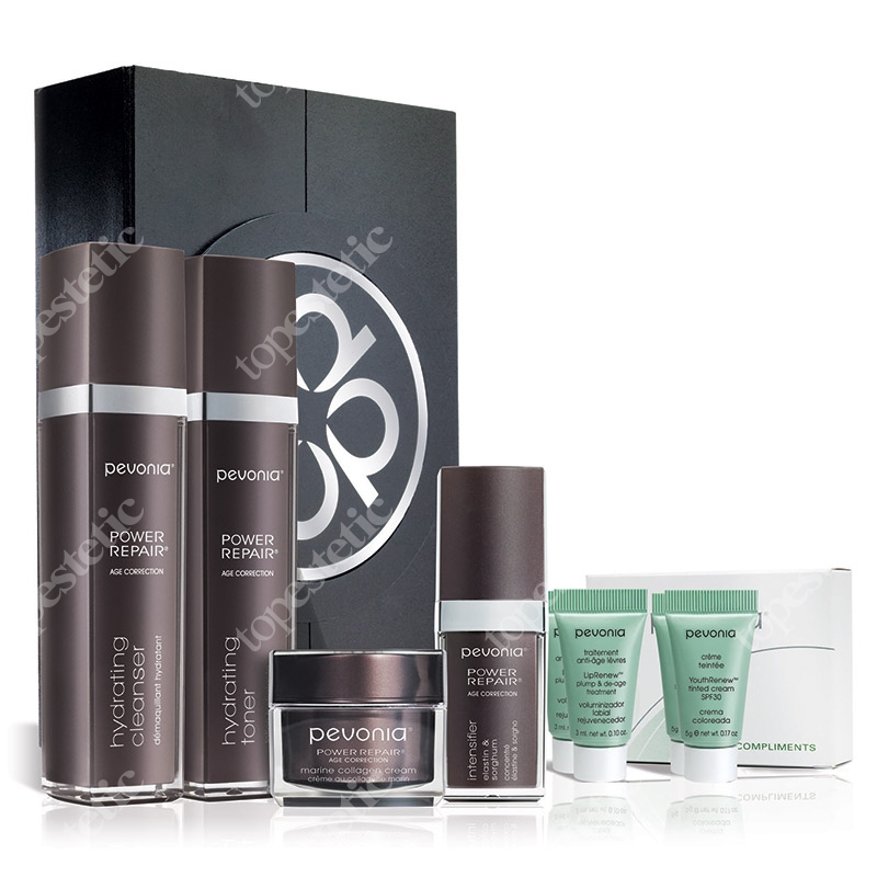 Pevonia Power Repair Elastine Set ZESTAW Mleczko 120 ml + Tonik 120 ml + Krem 30 ml + Wzmacniacz z elastyną i sorgo 30 ml + Próbki + Ekskluzywne pudełko