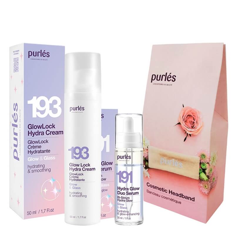 Purles Hydra Glow Duo Serum + GlowLock Hydra Cream + Opaska Kosmetyczna ZESTAW Dwufazowe serum z efektem glow 30 ml + Intensywnie nawilżający krem 50 ml + Opaska 1 szt