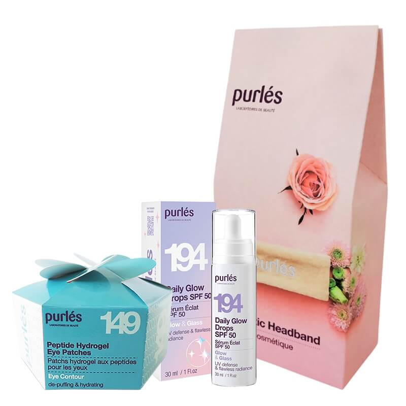 Purles Peptide Hydrogel Eye Patches + Daily Glow Drops SPF 50 + Opaska Kosmetyczna ZESTAW Płatki peptydowe pod oczy 60 szt + Serum rozświetlające SPF 50 30 ml + Opaska 1 szt