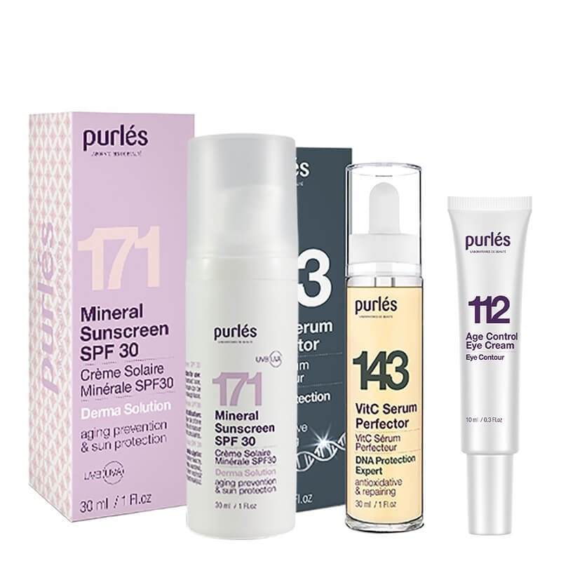 Purles Summer Antioxidant Set + Age Control Eye Cream Travel GRATIS ZESTAW Serum z witaminą C 30 ml + Mineralny filtr przeciwsłoneczny 30 ml + Przeciwzmarszczkowy krem na okolice oczu 10 ml
