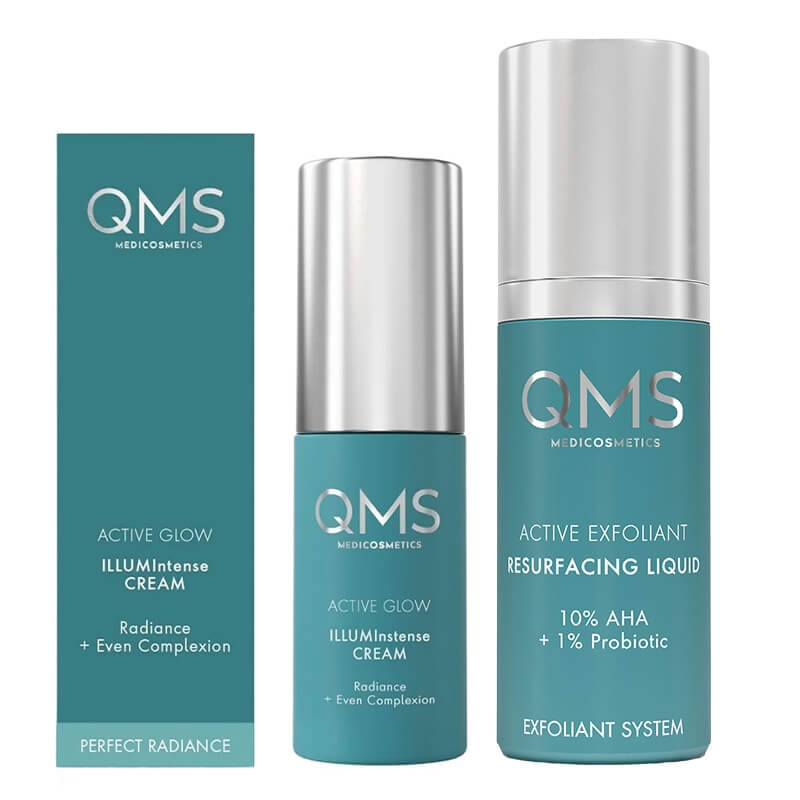QMS Active Glow Duo ZESTAW Peeling kwasowy z 10% AHA i probiotykami 30 ml + Krem aktywnie rozświetlający 10 ml