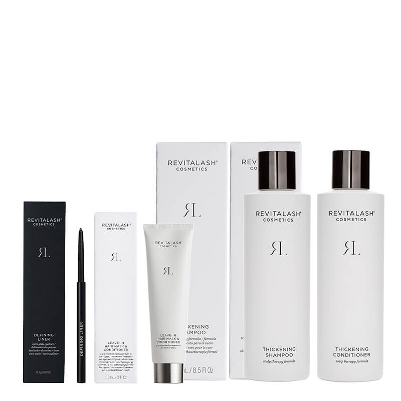 Revitalash Hair + Eyeliner ZESTAW Pogrubiający szampon 250 ml + Odżywka zagęszczająca 250 ml + Regenerująca kuracja 90 ml + Eyeliner (ciemnobrązowa) 0,3 g