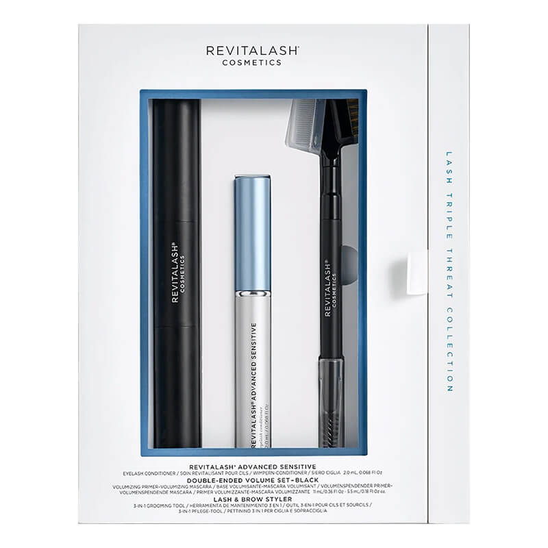 Revitalash Lash Triple Threat Collection Sensitive ZESTAW Serum do rzęs dla wrażliwych oczu 2 ml + Tusz i podkład 2w1, 11 ml + Narzędzie do pielęgnacji rzęs i brwi 3w1 1 szt