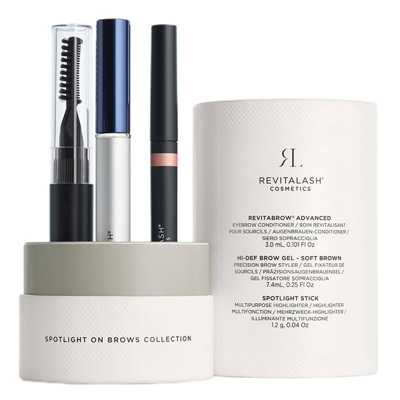 Revitalash Spotlight On Brows ZESTAW Odżywka stymulująca wzrost brwi 3 ml + Żel do brwi﻿ - jasnybrązowy 7,4 ml + Rozświetlacz 1,2 g