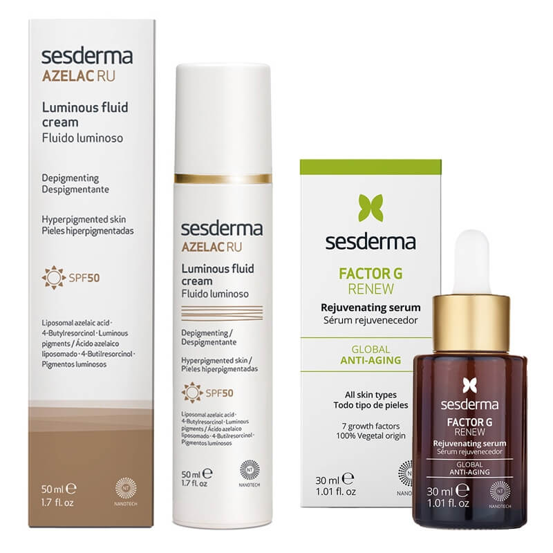 Sesderma Azelac RU Luminous Fluid Cream + Factor G Rejuvenating Serum ZESTAW Emulsja rozświetlająca SPF 50 50 ml + Serum z pęcherzykami lipidowymi 30 ml
