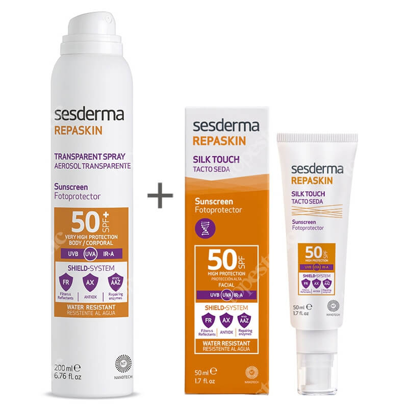 Sesderma Repaskin Silk Touch SPF 50 + Repaskin Transparent Spray Aerosol SPF 50+ ZESTAW Krem liposomowy SPF 50 50 ml + Spray przeciwsłoneczny do ciała 200 ml