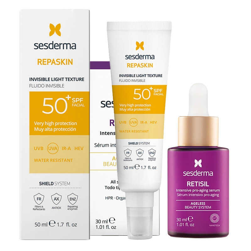 Sesderma Retisil Intensive Pro-Aging Serum + Repaskin Fluido Invisible SPF 50+ New ZESTAW Intensywne serum ujędrniające 30 ml + Emulsja 50 ml