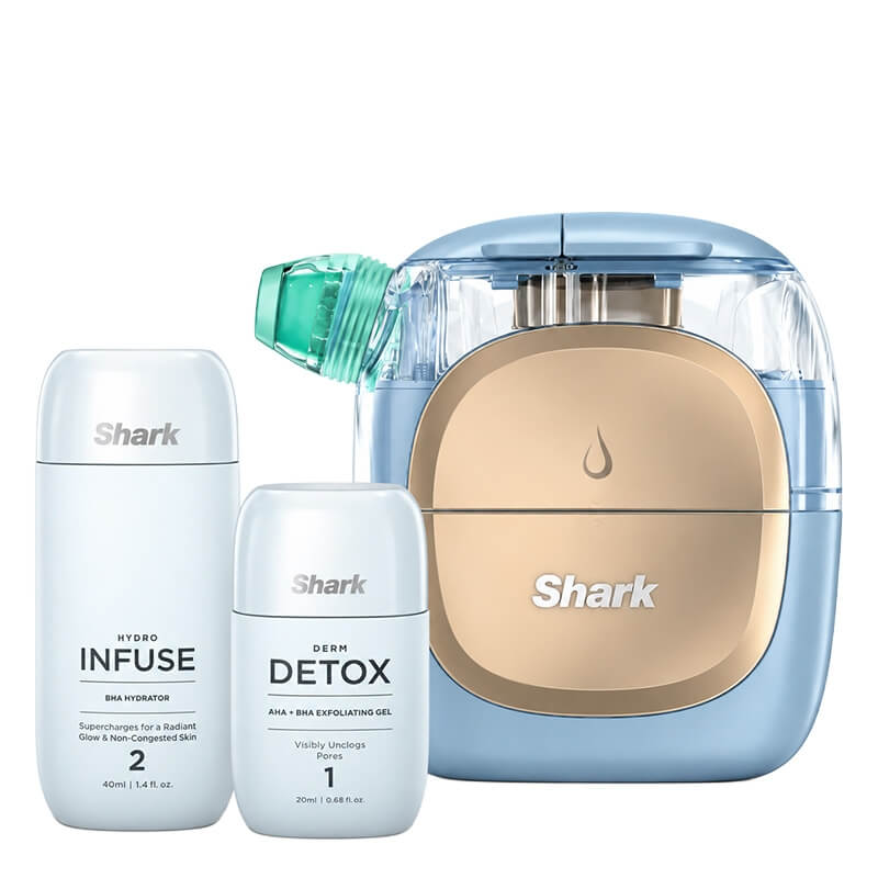 SharkBeauty Shark FacialPro Glow Blue + Hydro Infuse + Derm Detox ZESTAW Urządzenie do eksfoliacji i głębokiego nawilżania z terapią kontrastową 1 szt + Żel złuszczający 20 ml + Preparat nawilżający 80 ml