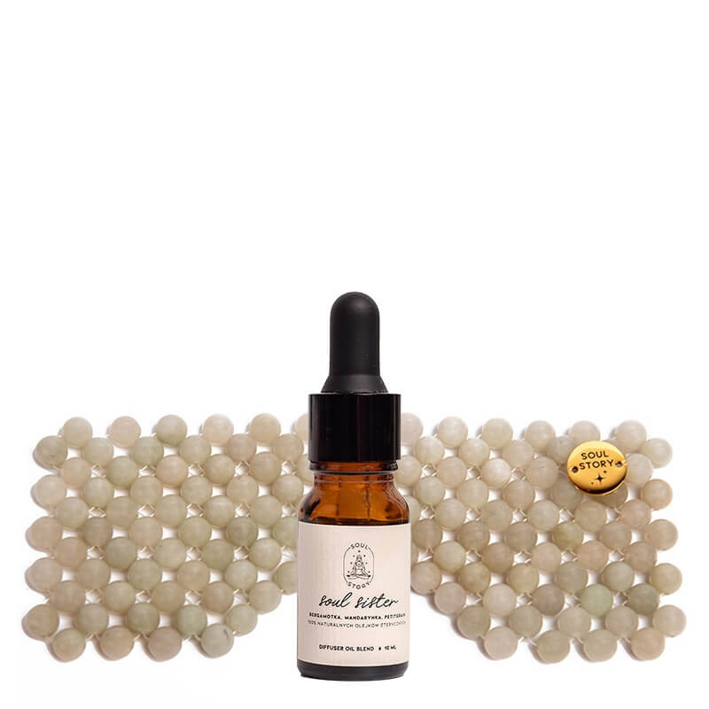 Soul Story Relax Time ZESTAW Maska na oczy z naturalnych kamieni jadeitowych 1 szt + Blend olejków eterycznych - zapach bergamotka, mandarynka, petitgrain 10 ml