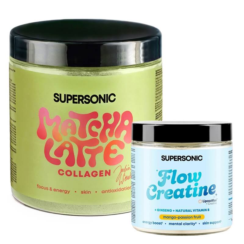 Supersonic Matcha Latte Collagen + Flow Creatine ZESTAW Matcha latte z kolagenem i mleczkiem kokosowym 280 g + Kreatyna liposomalna z żeń-szeniem - mango, marakuja 150 g