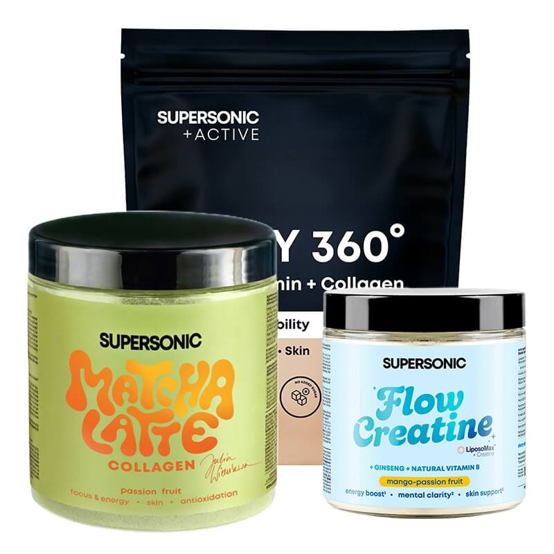 Supersonic WHEY 360° + Flow Creatine + Matcha Latte Collagen Marakuja ZESTAW Odżywka białkowa biała czekolada z malinami 500 g + Kreatyna liposomalna z żeń-szeniem (mango-marakuja) 150 g + Matcha latte 280 g