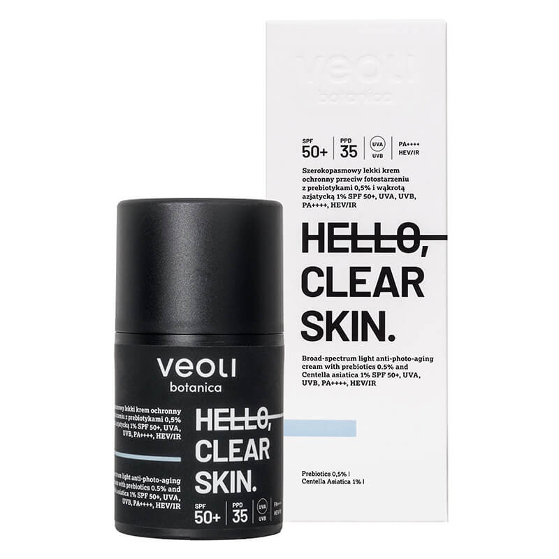 Veoli Botanica Hello, Clear Skin SPF 50+ PA++++, HEV/IR Szerokopasmowy lekki krem ochronny UVA, UVB, HEV/IR 50 ml
