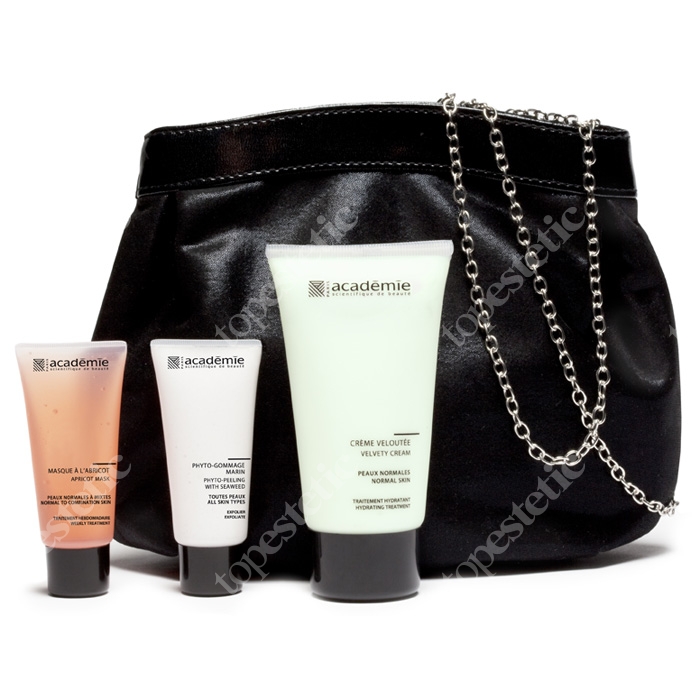Academie Zestaw do twarzy nawilżający Academie Nawilżający krem "Miękkość", Peeling, Maska witaminowa z morelą + Wieczorowa torebka 75 ml, 15 ml, 15 ml