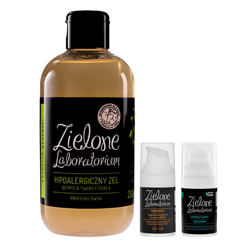 Zielone Laboratorium Hipoalergiczny Żel + MagicProtect SPF 50 + Krem do Twarzy ZESTAW Proteiny owsa 250 ml + Krem SPF 50 + Krem regenerująco-nawilżający 30 ml