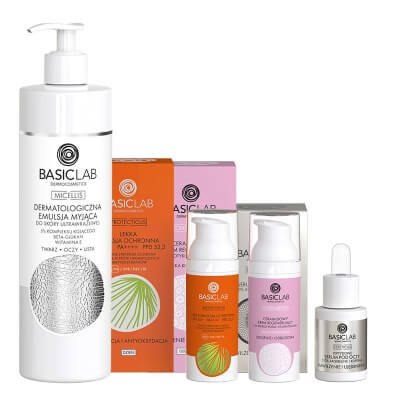 BasicLab Skin Balance ZESTAW Serum peptydowe pod oczy15 ml + Ceramidowy krem regenerujący 50 ml + Emulsja myjąca 300 ml + Lekka emulsja SPF 50+ 5- ml