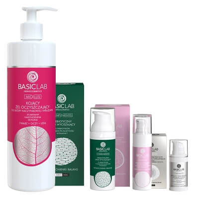 BasicLab Skin Recovery ZESTAW Żel oczyszczający 300 ml + Serum regenerujące 30 ml + Prebiotyczny krem wyciszający 50 ml + Krem pod oczy 15 ml
